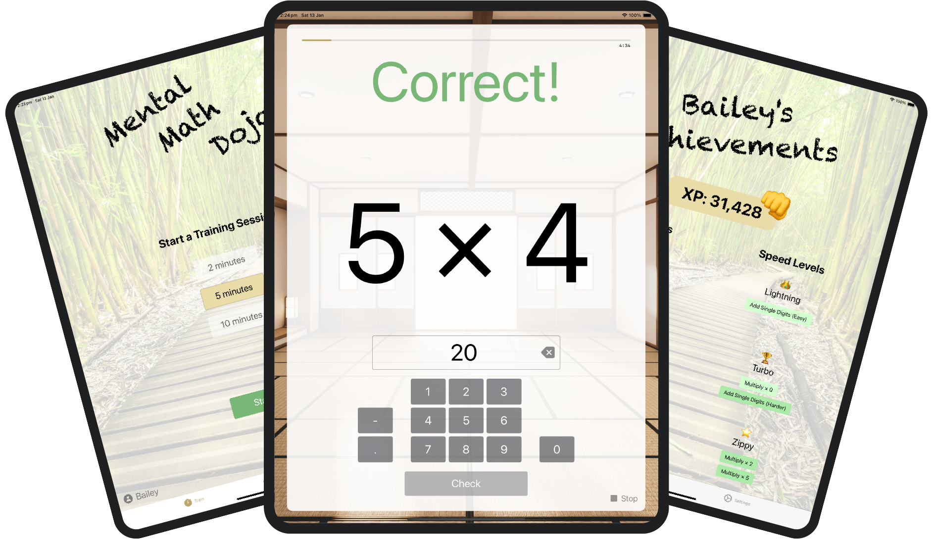 Three iPads, showing the Mental Math Dojo Train screen, Question screen and Achievements screen