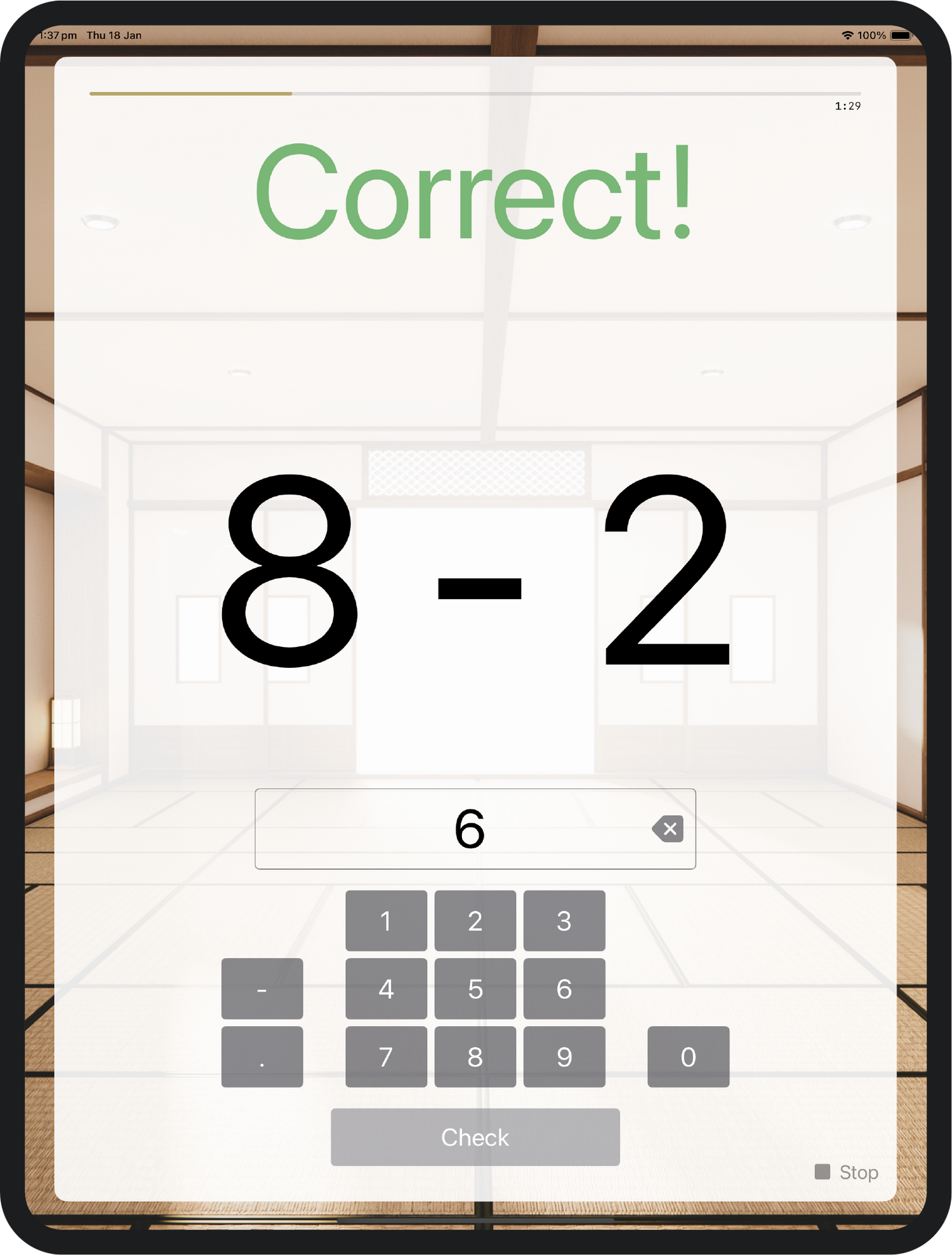 An iPad showing the Mental Math Dojo question screen, showing the question eight minus two.