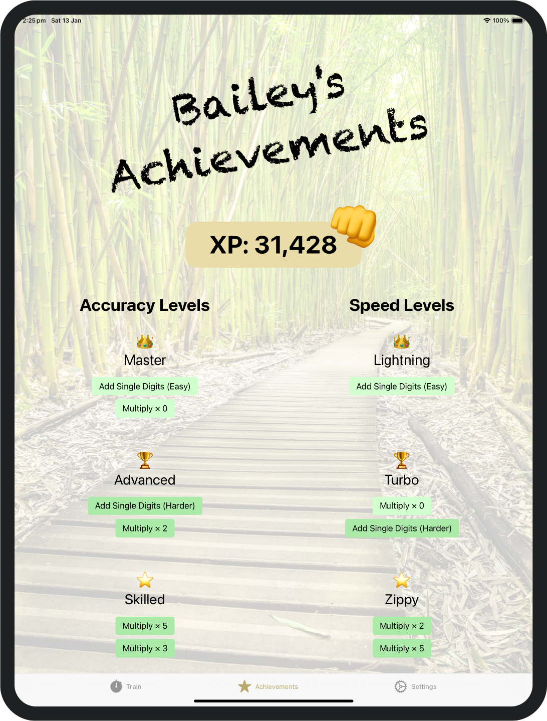 The Mental Math Dojo achievement screen, showing a person's various achievements